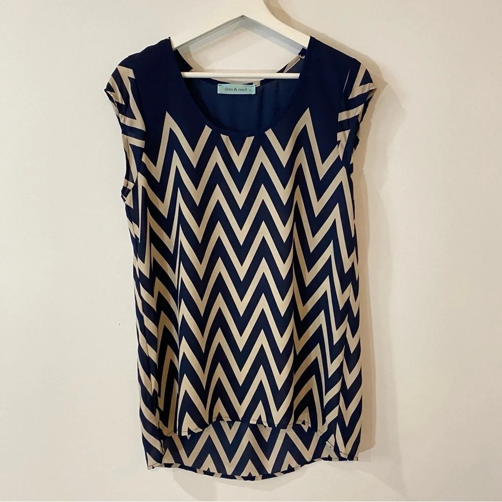 Chris & Carol L Chevron Print Navy and Cream Sleeveless Blouse